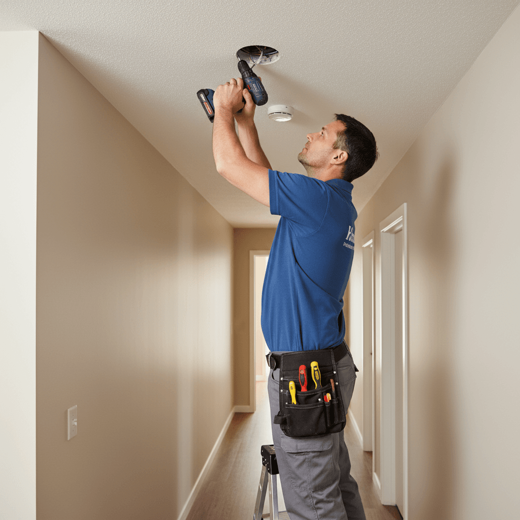 electrician installing smoke alarm