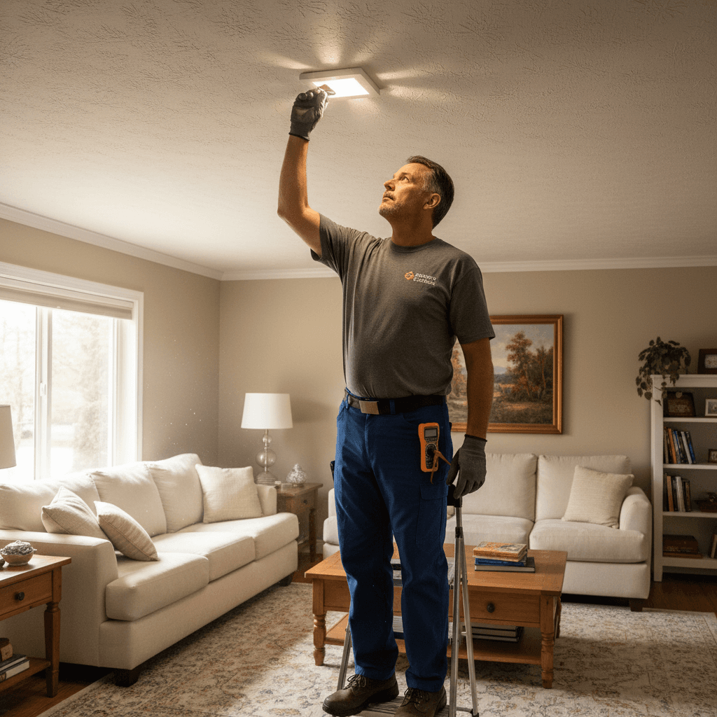 electrician inspecting ceiling light fixture in living room