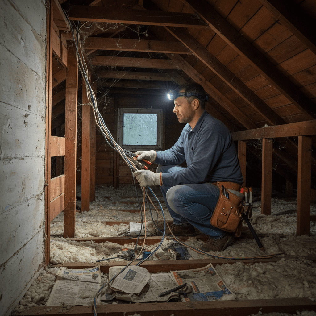 electrician rewiring in attic
